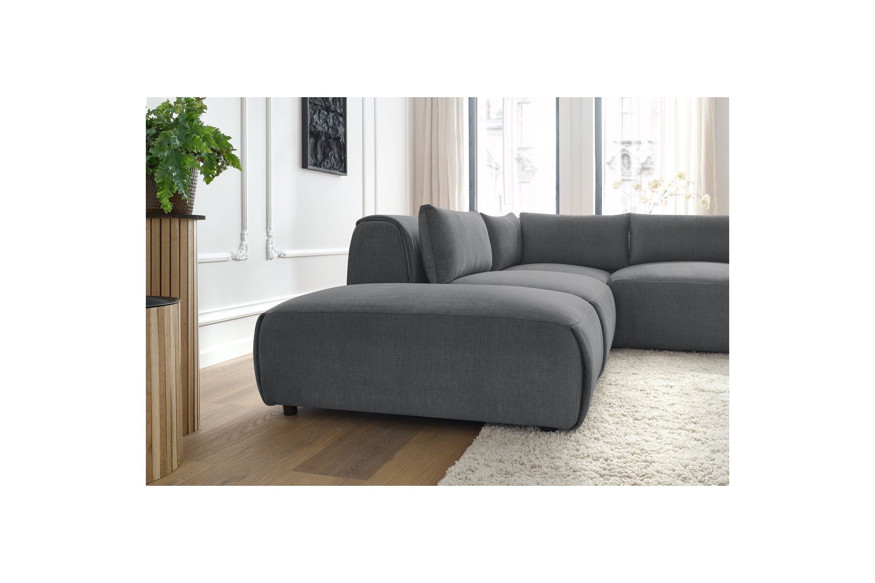 Jeanne - Fixed Modular Corner Sofa - Velvet Fabric with 2 Armless Chairs, 1 Corner Unit and 2 Pouffes