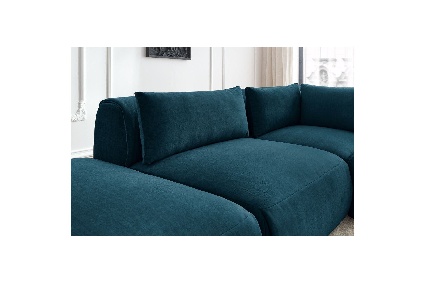 Jeanne - Fixed Modular Corner Sofa - Velvet Fabric with 2 Armless Chairs, 1 Corner Unit and 2 Pouffes