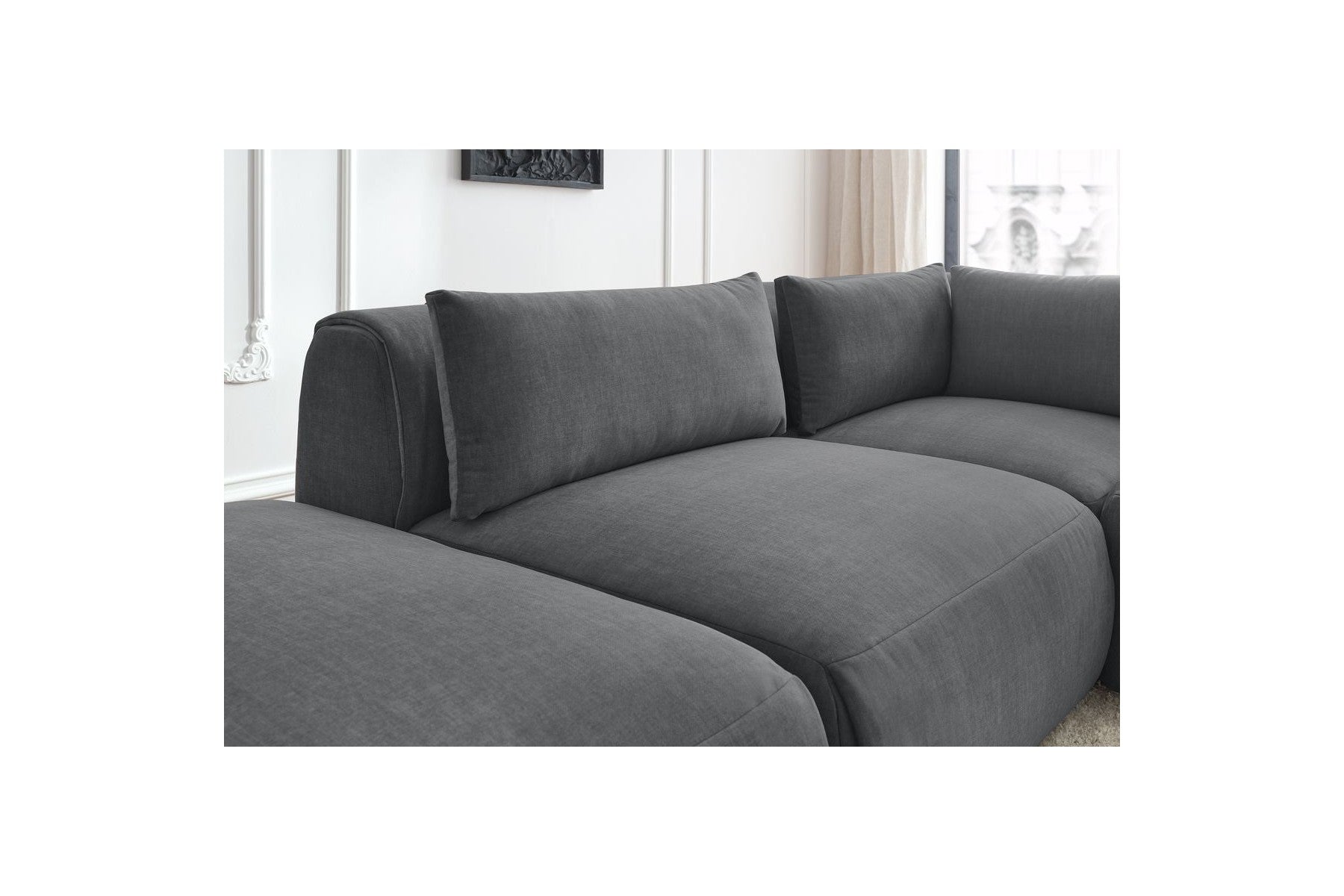 Jeanne - Fixed Modular Corner Sofa - Velvet Fabric with 2 Armless Chairs, 1 Corner Unit and 2 Pouffes