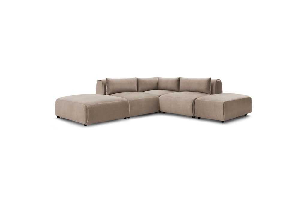 Jeanne - Fixed Modular Corner Sofa - Velvet Fabric with 2 Armless Chairs, 1 Corner Unit and 2 Pouffes