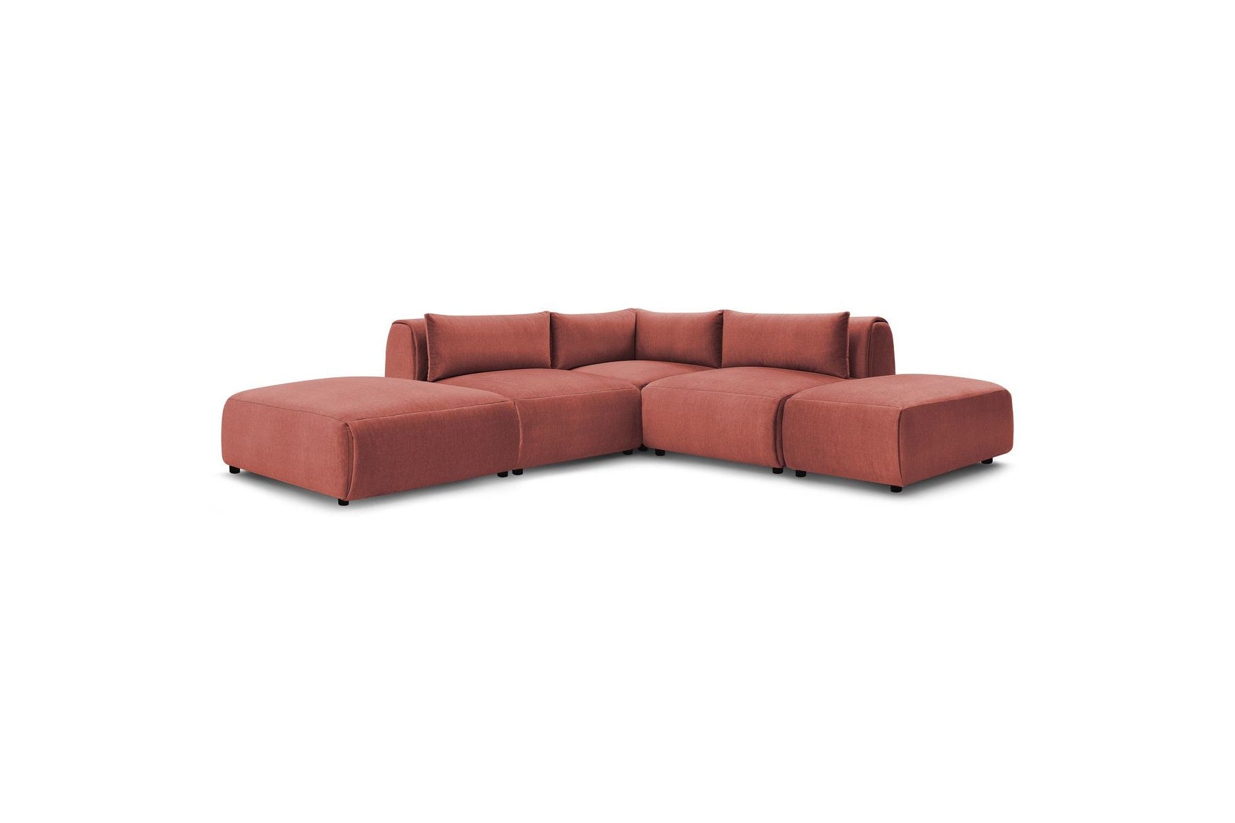 Jeanne - Fixed Modular Corner Sofa - Velvet Fabric with 2 Armless Chairs, 1 Corner Unit and 2 Pouffes