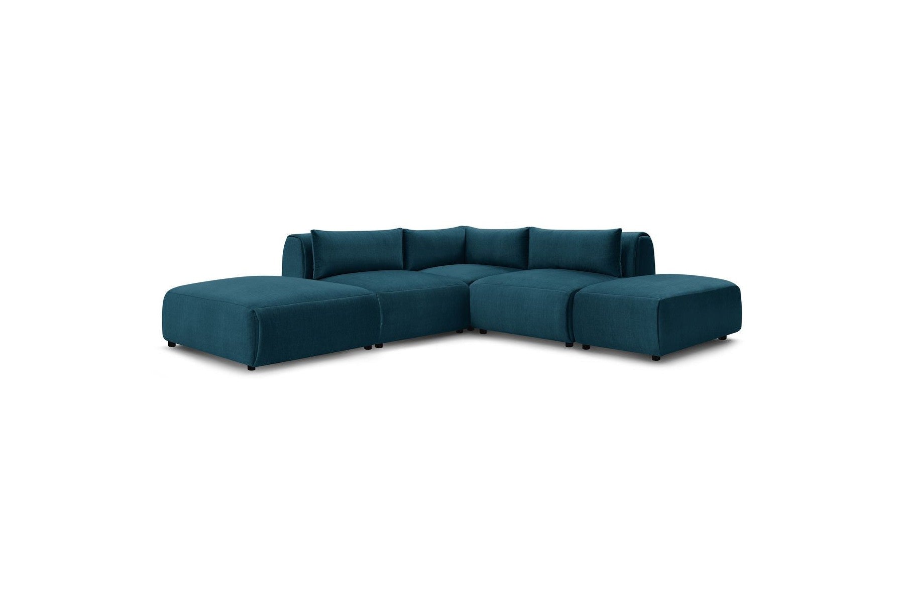 Jeanne - Fixed Modular Corner Sofa - Velvet Fabric with 2 Armless Chairs, 1 Corner Unit and 2 Pouffes