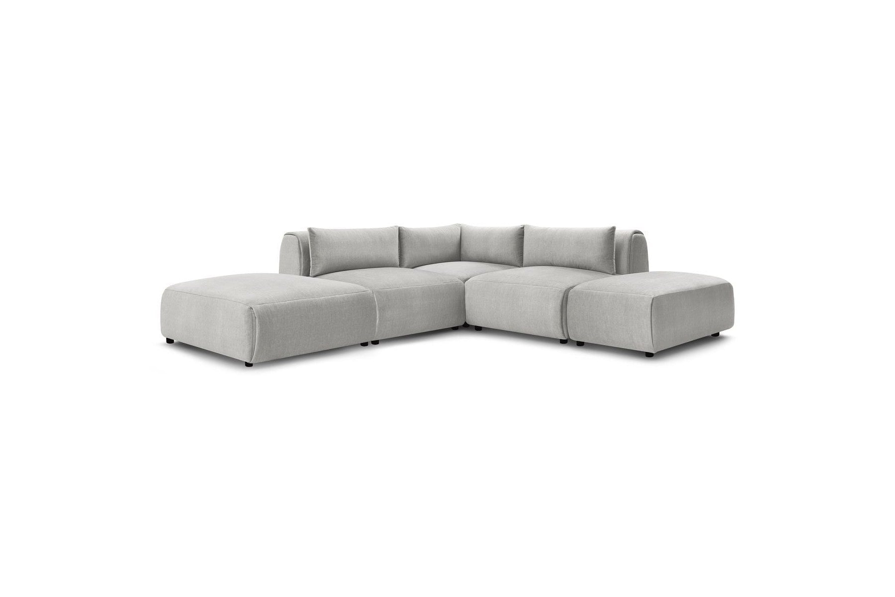 Jeanne - Fixed Modular Corner Sofa - Velvet Fabric with 2 Armless Chairs, 1 Corner Unit and 2 Pouffes
