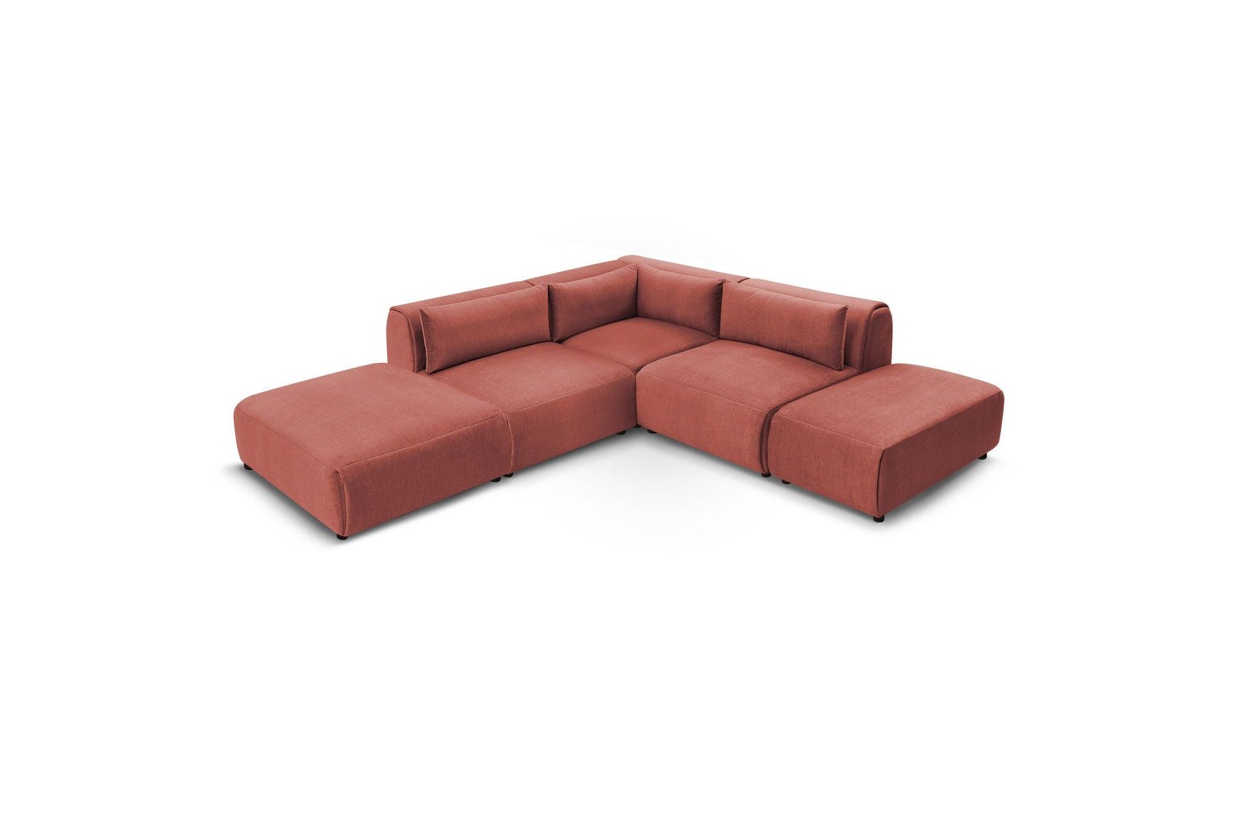 Jeanne - Fixed Modular Corner Sofa - Velvet Fabric with 2 Armless Chairs, 1 Corner Unit and 2 Pouffes