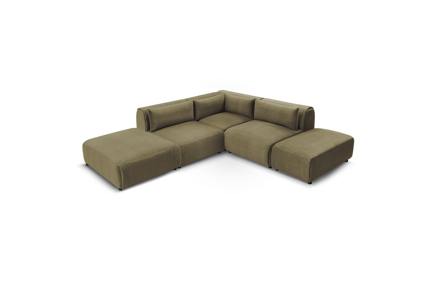 Jeanne - Fixed Modular Corner Sofa - Velvet Fabric with 2 Armless Chairs, 1 Corner Unit and 2 Pouffes
