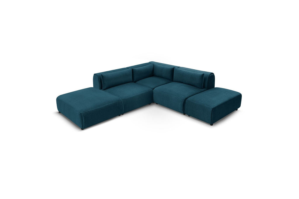 Jeanne - Fixed Modular Corner Sofa - Velvet Fabric with 2 Armless Chairs, 1 Corner Unit and 2 Pouffes