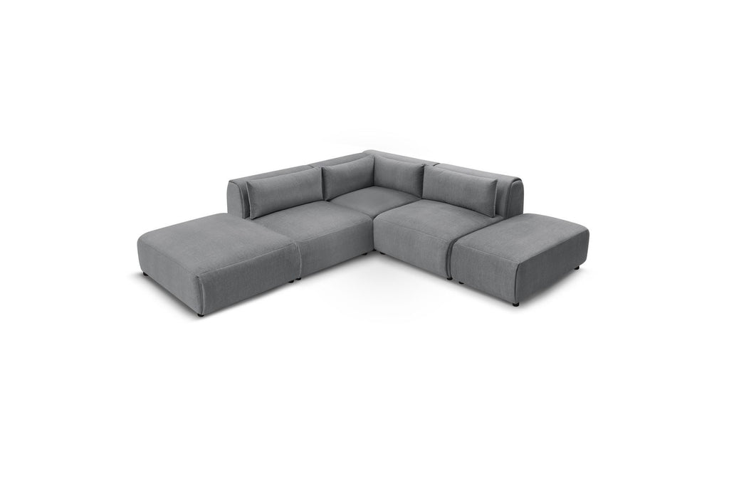 Jeanne - Fixed Modular Corner Sofa - Velvet Fabric with 2 Armless Chairs, 1 Corner Unit and 2 Pouffes