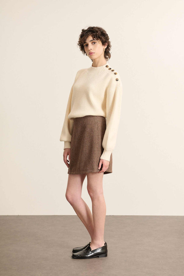 Minifalda con forro y cremallera invisible en la espalda con tejido estilo pata de gallo Garance Paris en color marrón.