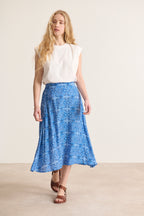 Blue summer flowing bottoms with elastic waist patterns at the back of the skirt spring summer outfit 