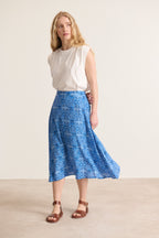Midi skirt with elasticated waist, blue color, patterned, fluid and light midi length, Parisian brand 