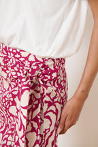 Midi wrap skirt with tie belt in garnet color with flowers spring summer collection 