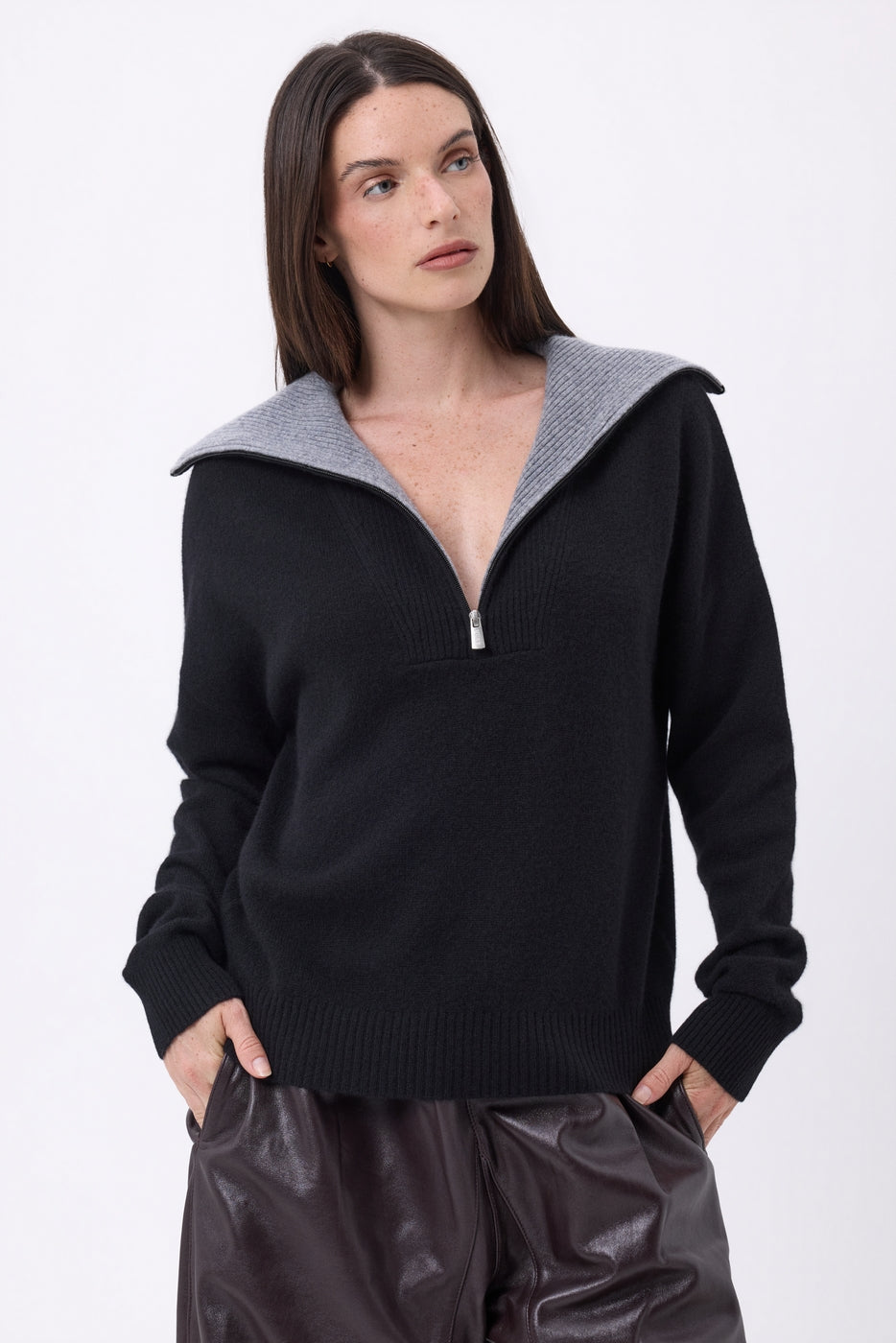 Pull Grand Col Montant Zippé Kalon - Noir - Femme