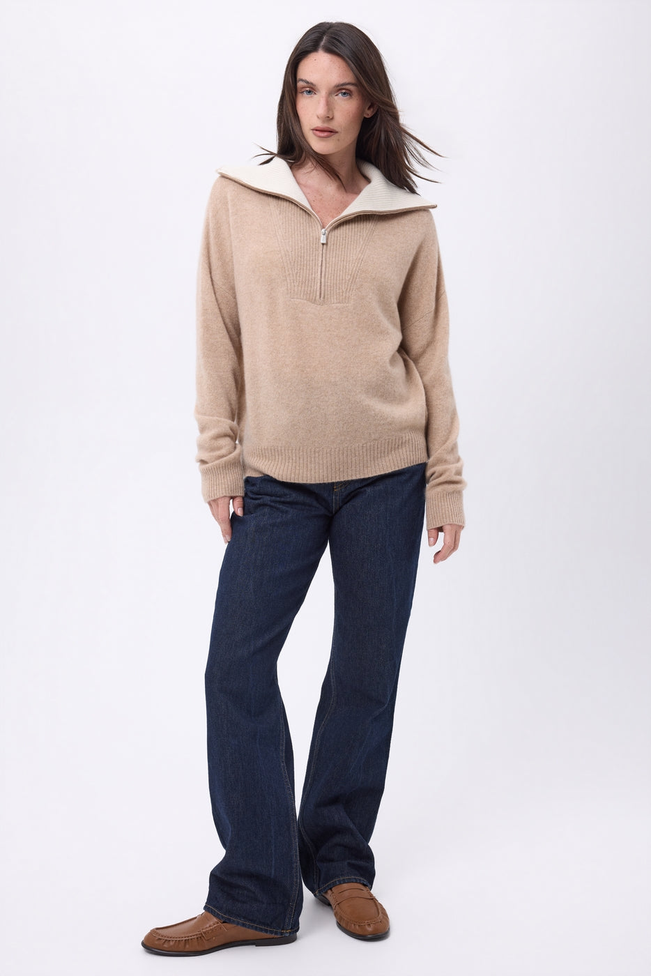 Pull Grand Col Montant Zippé Kalon - Beige Creme - Femme