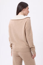 Pull Grand Col Montant Zippé Kalon - Beige Creme - Femme