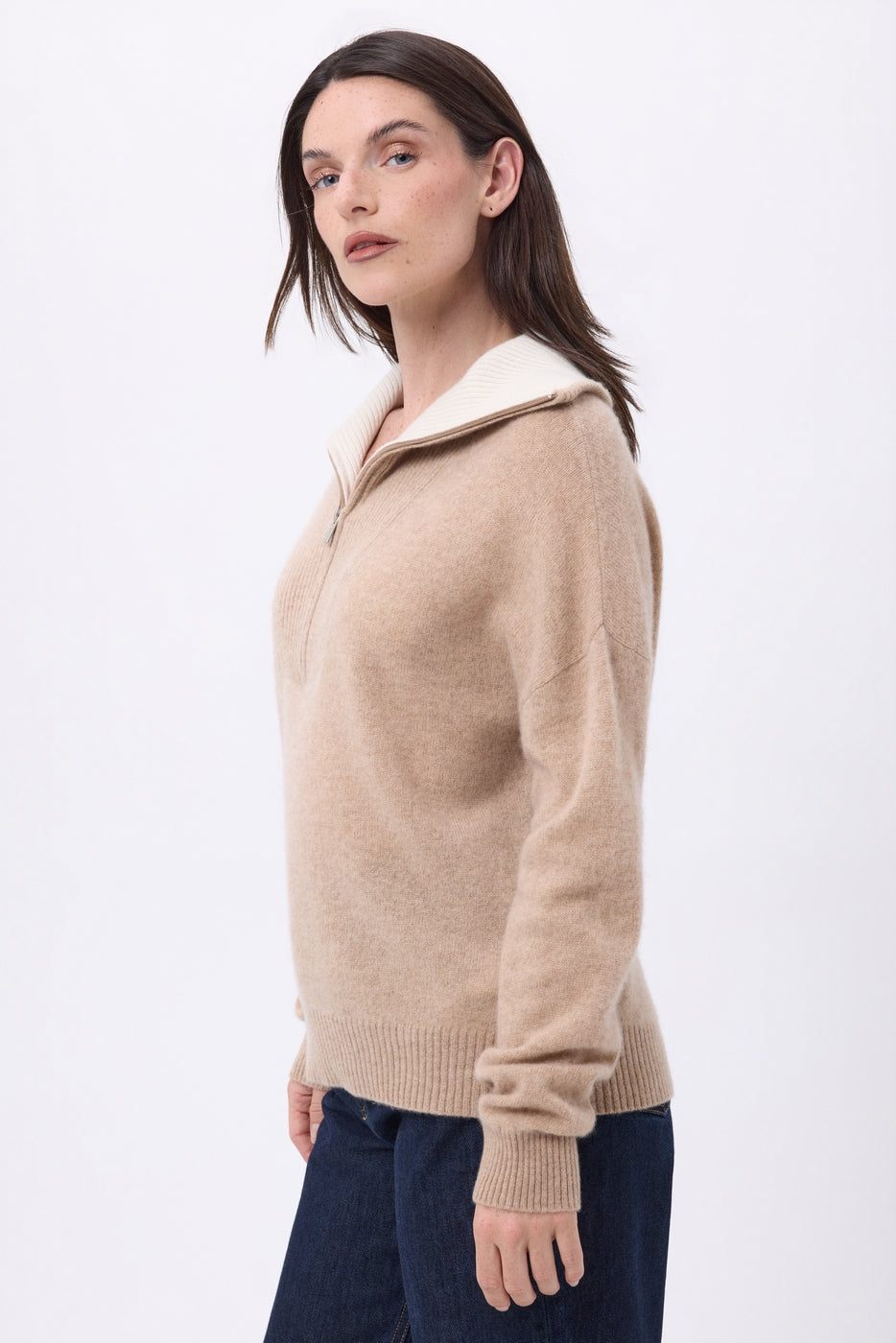 Pull Grand Col Montant Zippé Kalon - Beige Creme - Femme