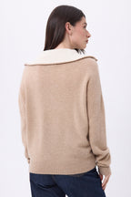Pull Grand Col Montant Zippé Kalon - Beige Creme - Femme