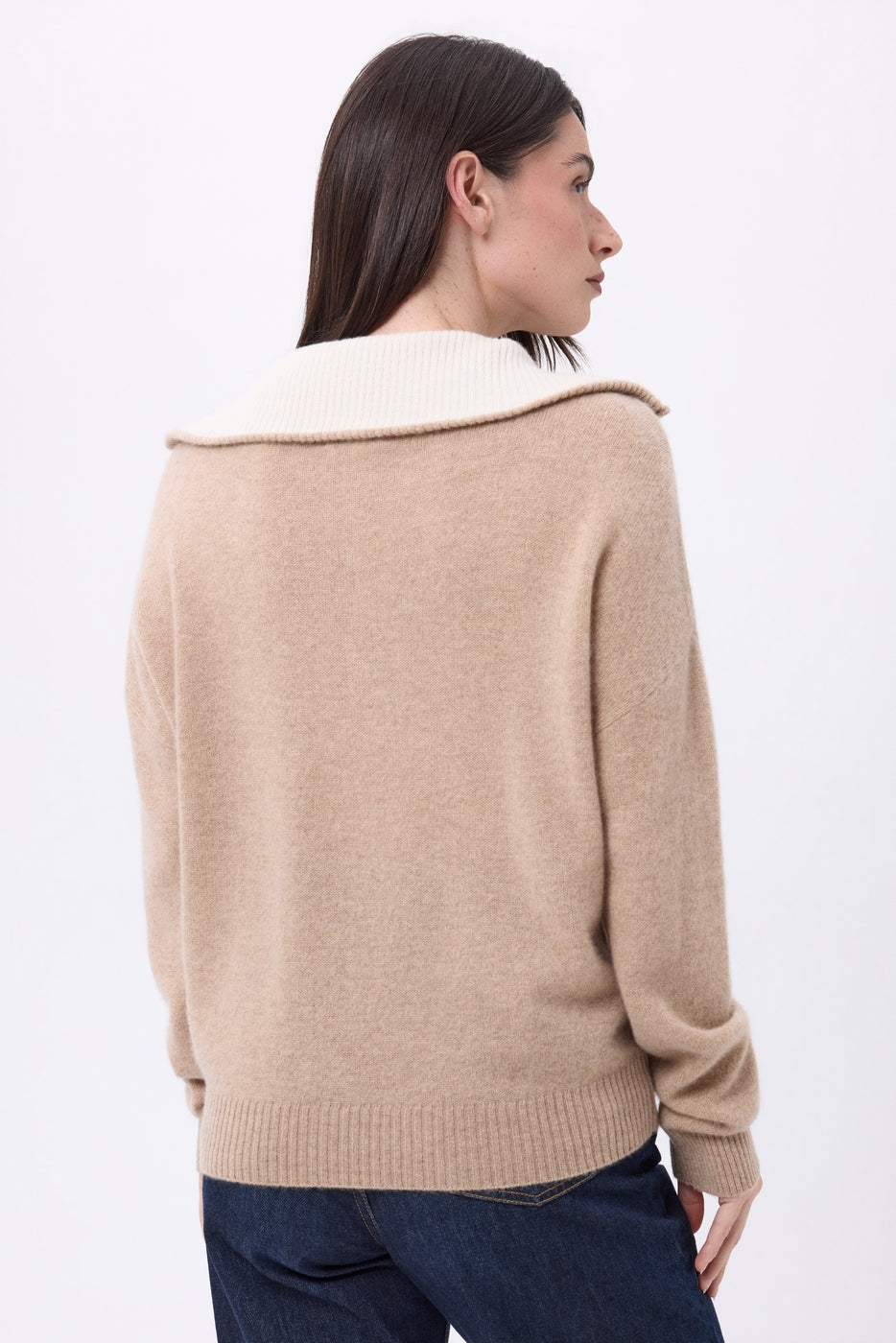 Pull Grand Col Montant Zippé Kalon - Beige Creme - Femme