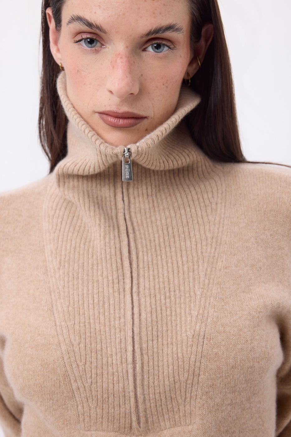 Pull Grand Col Montant Zippé Kalon - Beige Creme - Femme