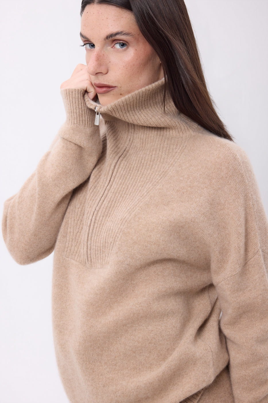 Pull Grand Col Montant Zippé Kalon - Beige Creme - Femme