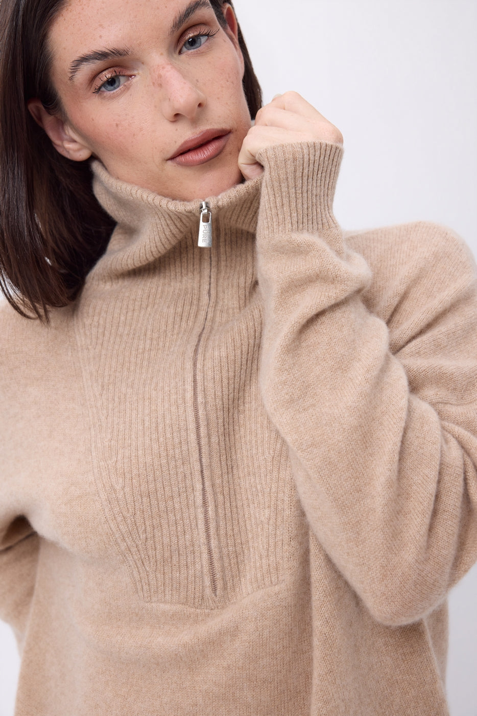 Pull Grand Col Montant Zippé Kalon - Beige Creme - Femme