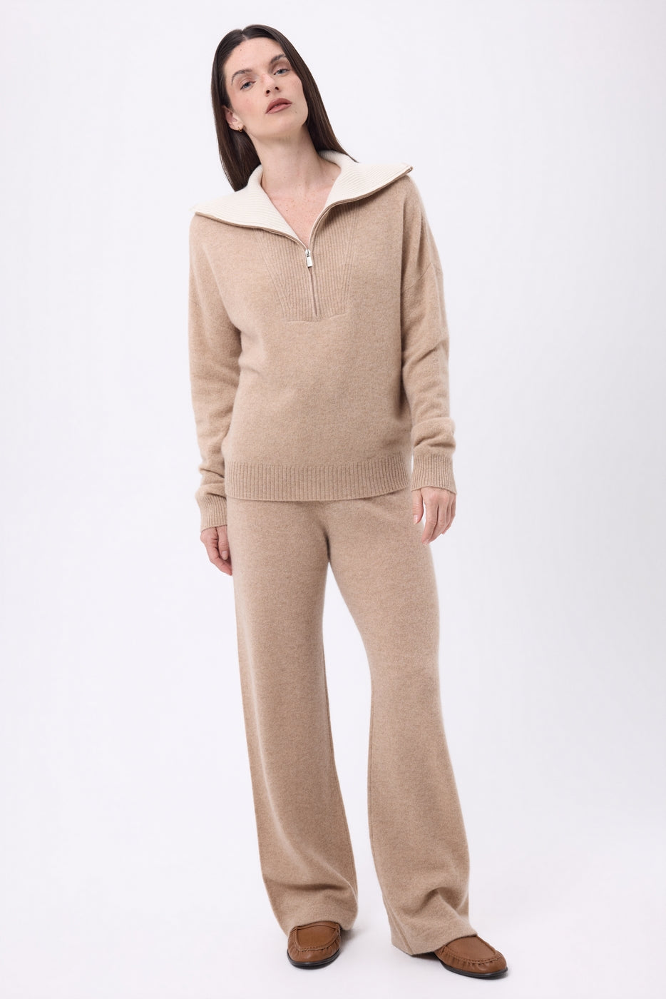 Pull Grand Col Montant Zippé Kalon - Beige Creme - Femme