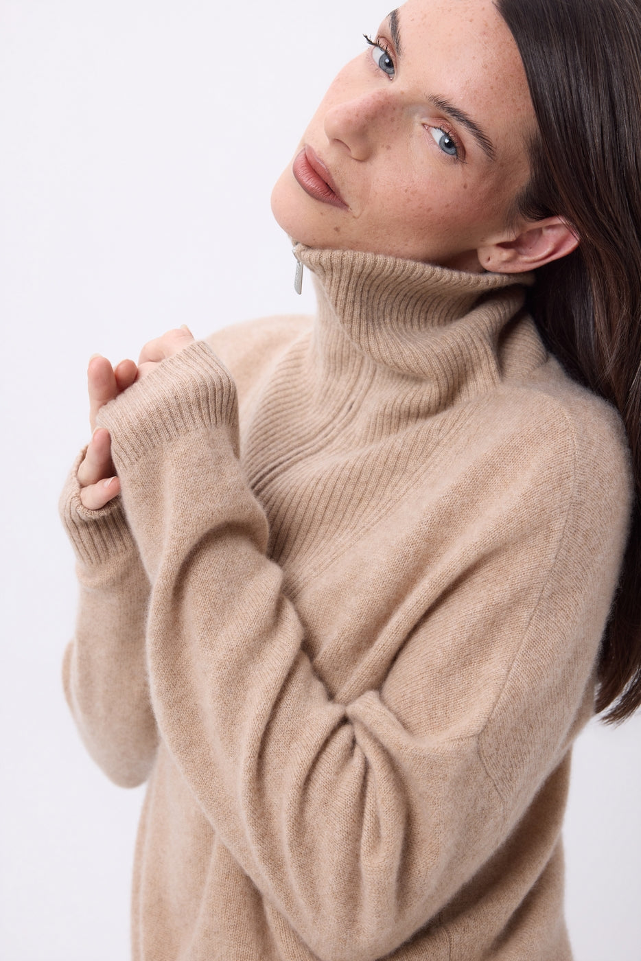 Pull Grand Col Montant Zippé Kalon - Beige Creme - Femme