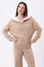 Pull Grand Col Montant Zippé Kalon - Beige Creme - Femme