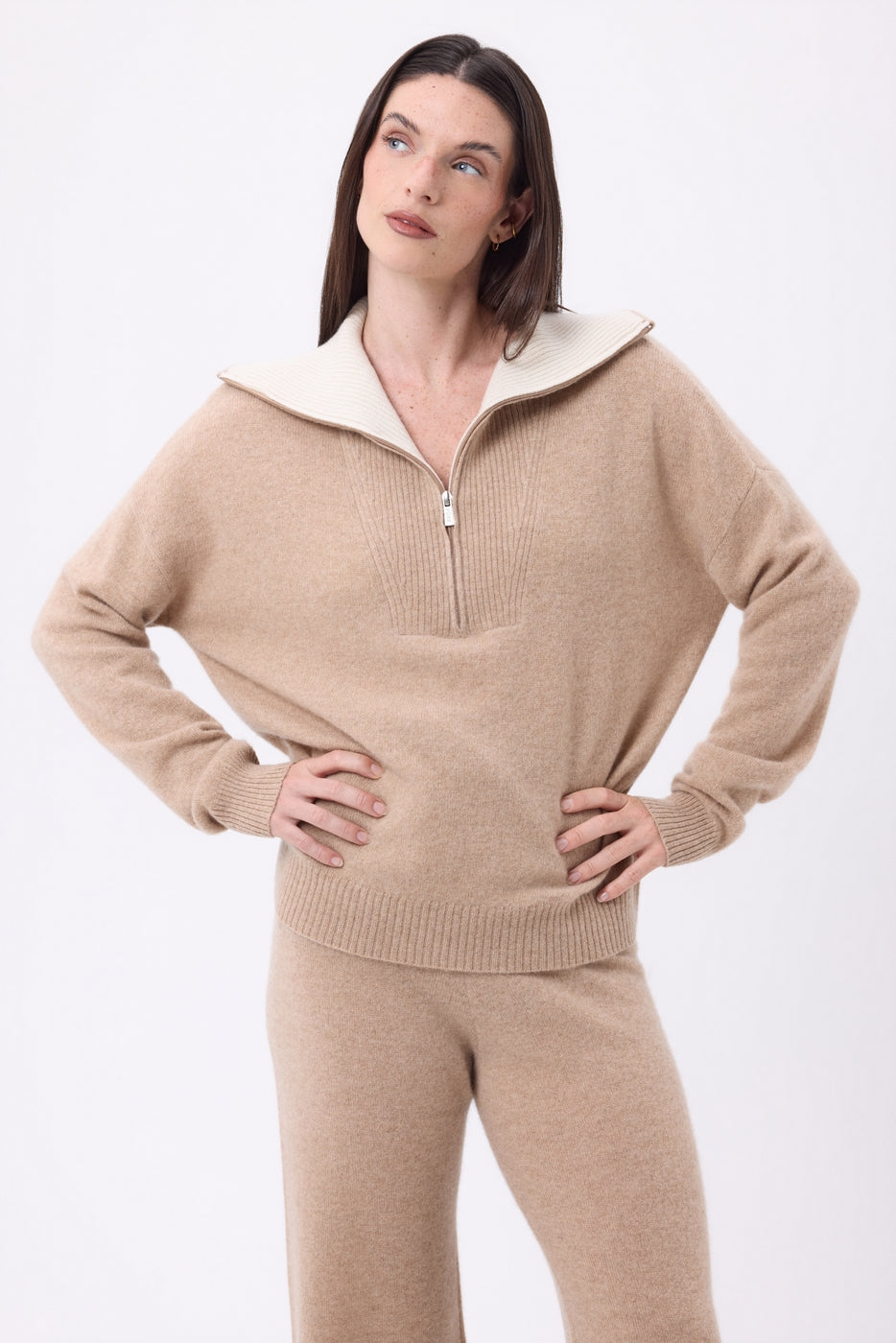 Pull Grand Col Montant Zippé Kalon - Beige Creme - Femme