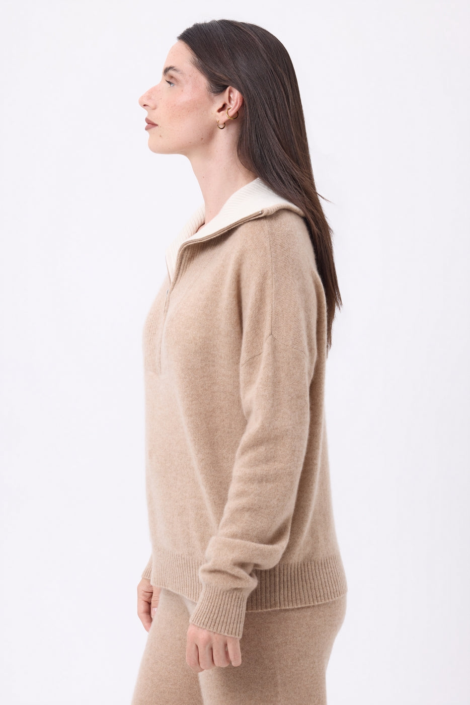 Pull Grand Col Montant Zippé Kalon - Beige Creme - Femme
