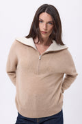 Pull Grand Col Montant Zippé Kalon - Beige Creme - Femme