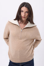 Pull Grand Col Montant Zippé Kalon - Beige Creme - Femme