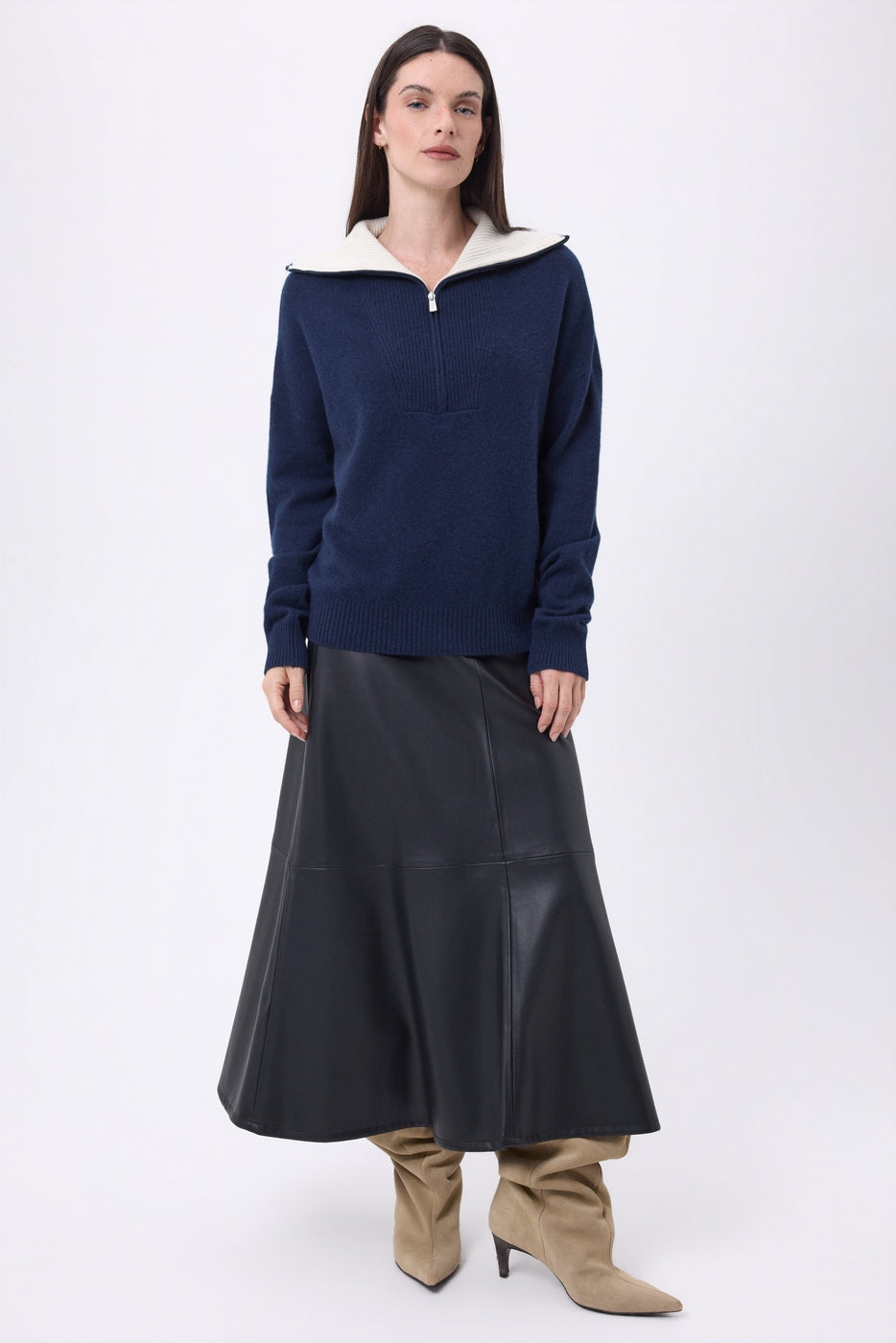 Pull Grand Col Montant Zippé Kalon - Bleu Marine - Femme