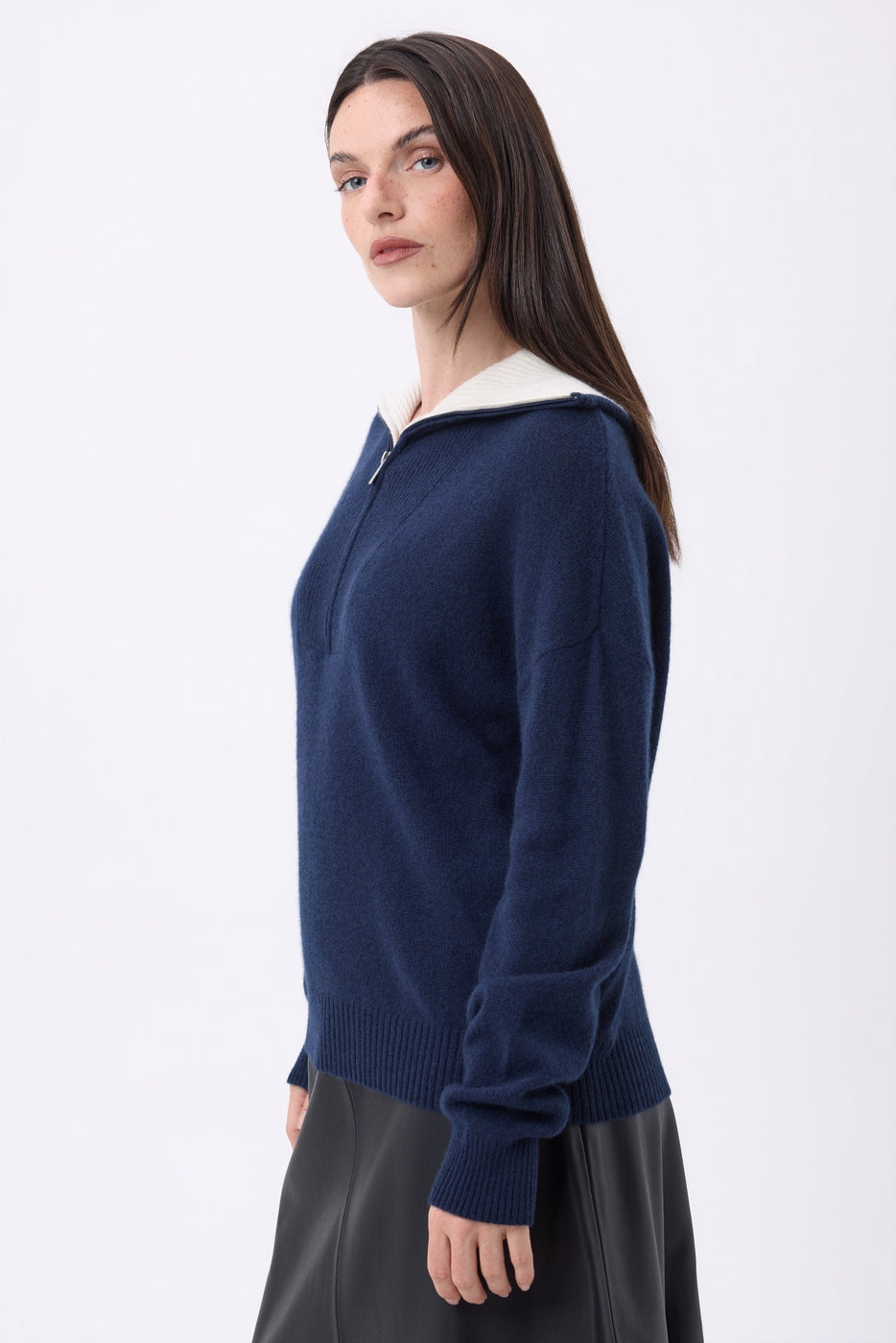Pull Grand Col Montant Zippé Kalon - Bleu Marine - Femme