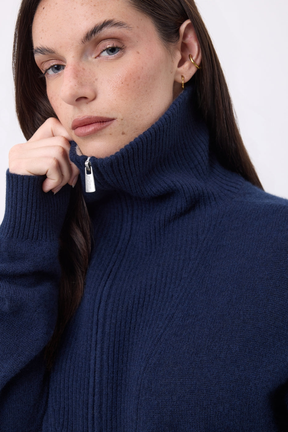 Pull Grand Col Montant Zippé Kalon - Bleu Marine - Femme