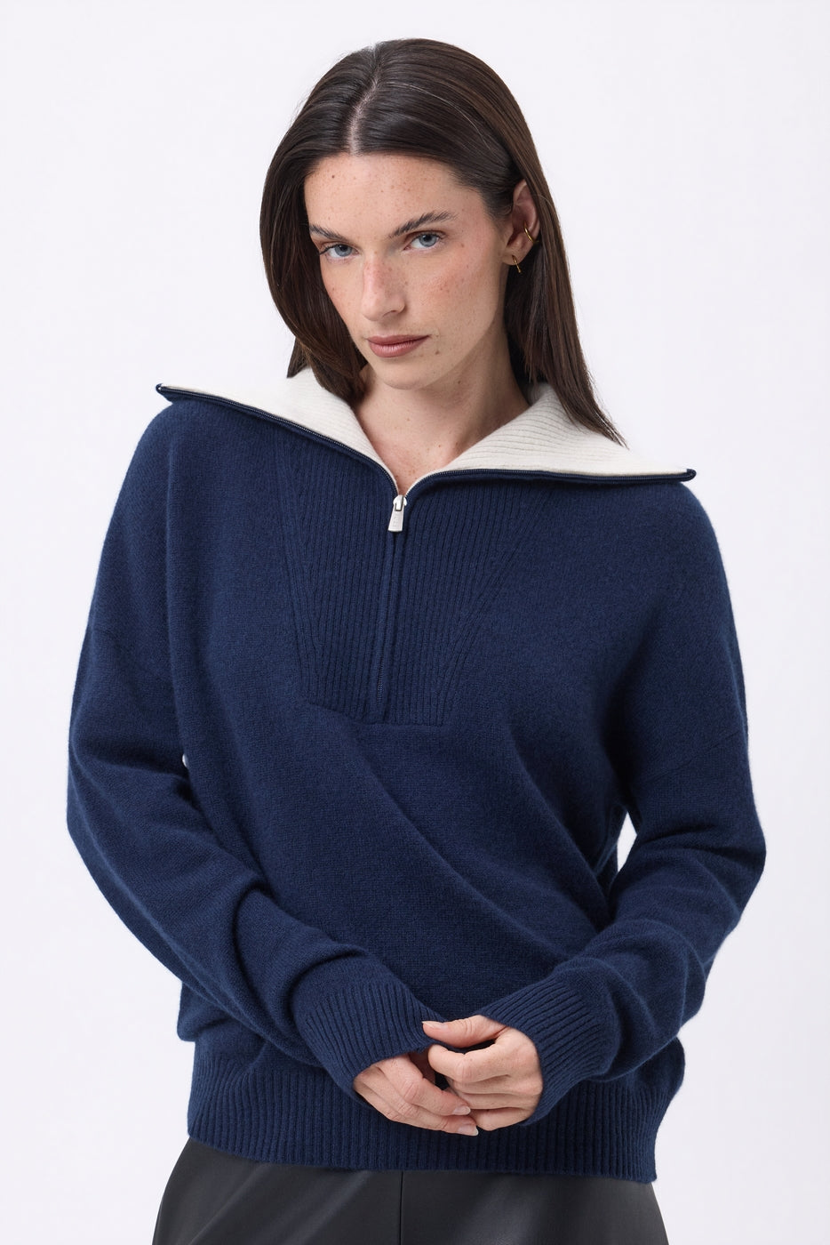 Pull Grand Col Montant Zippé Kalon - Bleu Marine - Femme