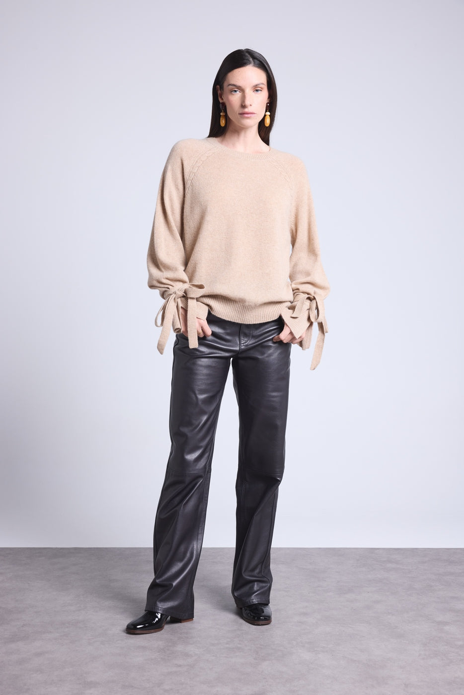 Pure - Round Neck Jumper Wrist Knot Kelly - Cream Beige - Women