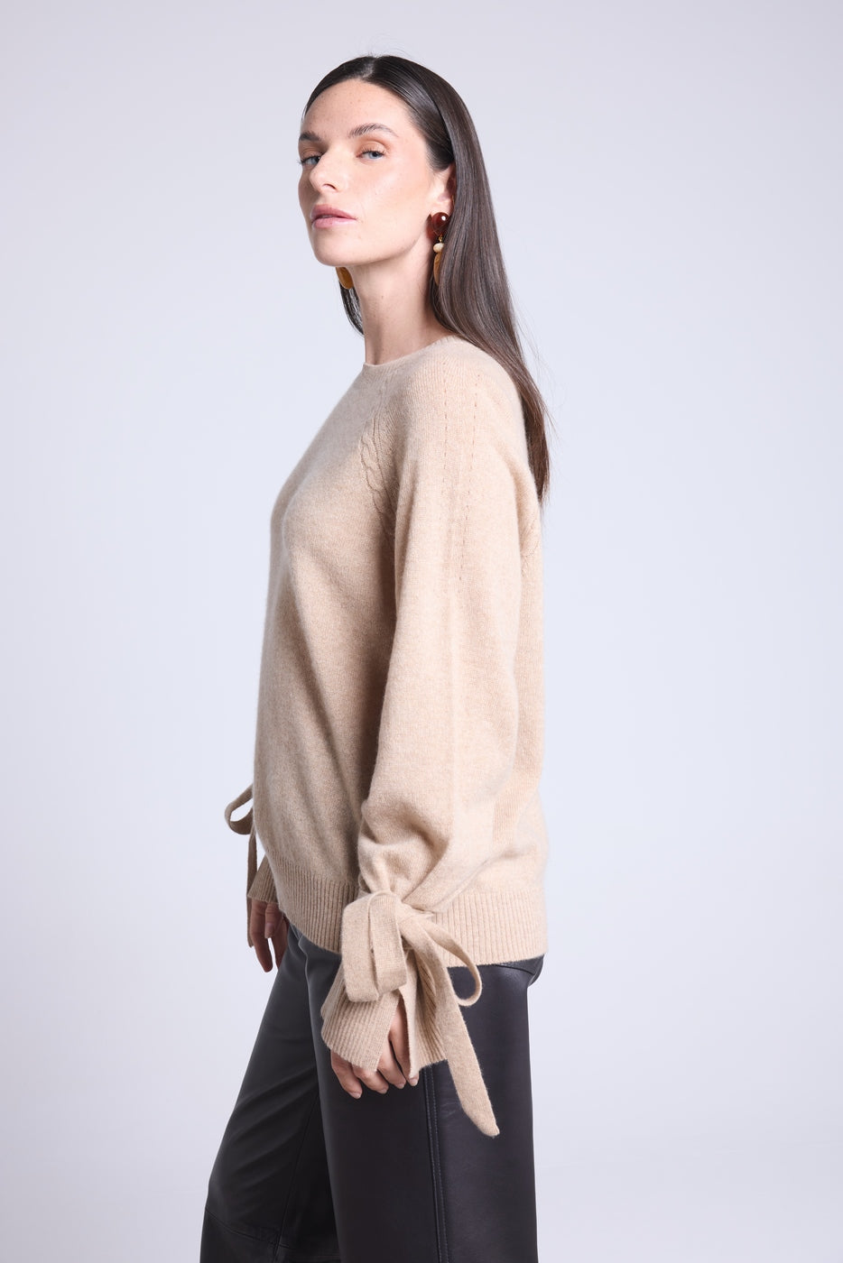 Pure - Round Neck Jumper Wrist Knot Kelly - Cream Beige - Women