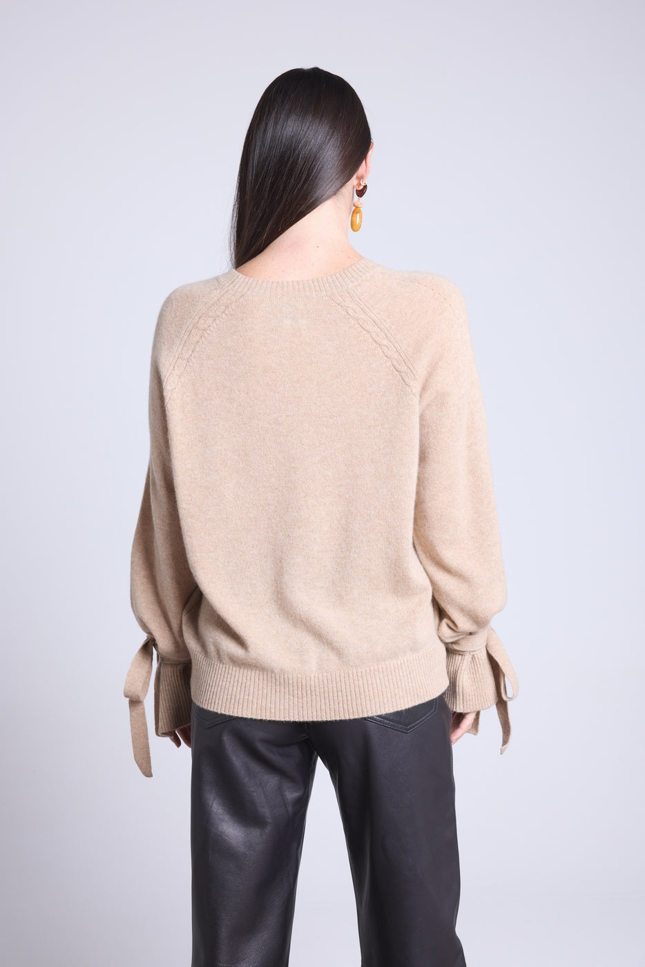 Pure - Round Neck Jumper Wrist Knot Kelly - Cream Beige - Women