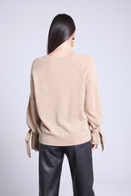 Pure - Round Neck Jumper Wrist Knot Kelly - Cream Beige - Women