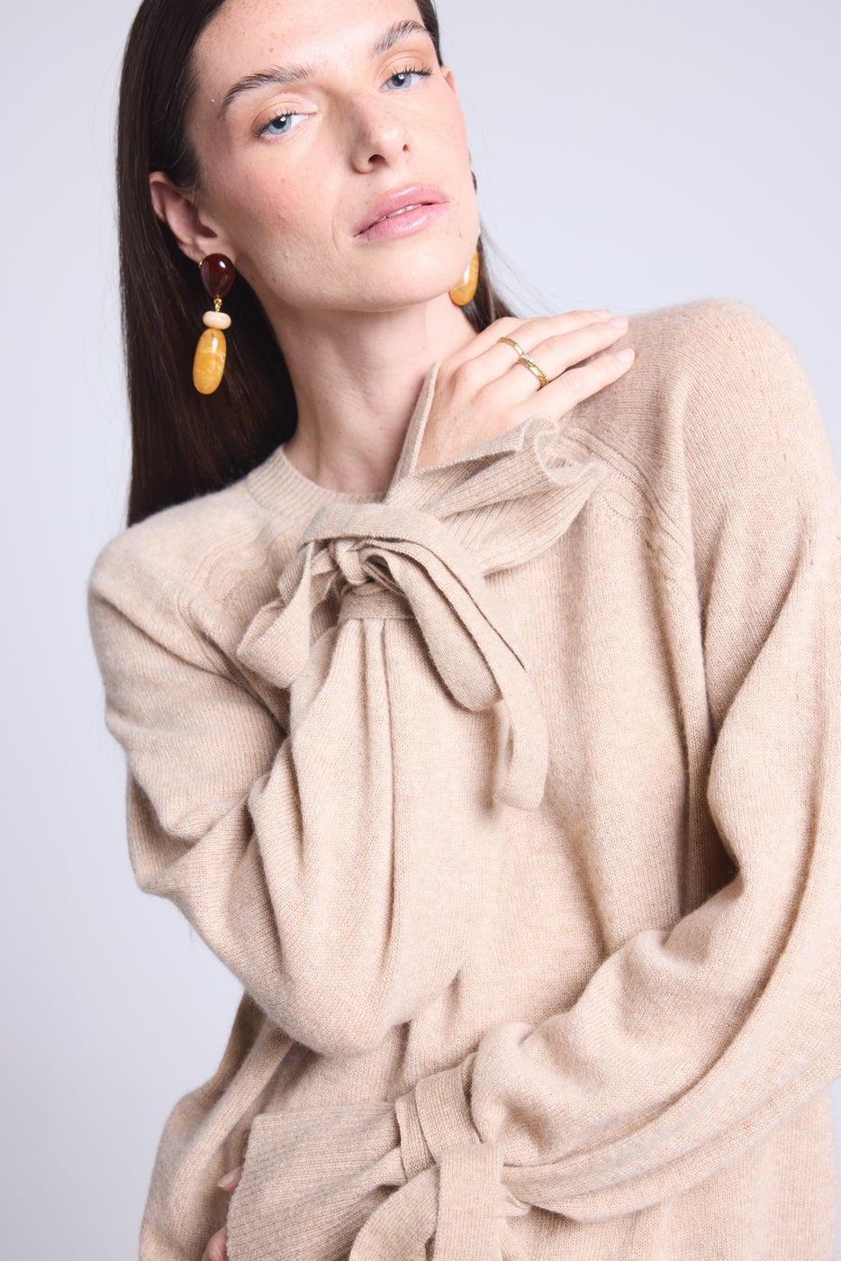 Pure - Round Neck Jumper Wrist Knot Kelly - Cream Beige - Women