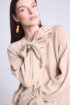 Pure - Round Neck Jumper Wrist Knot Kelly - Cream Beige - Women