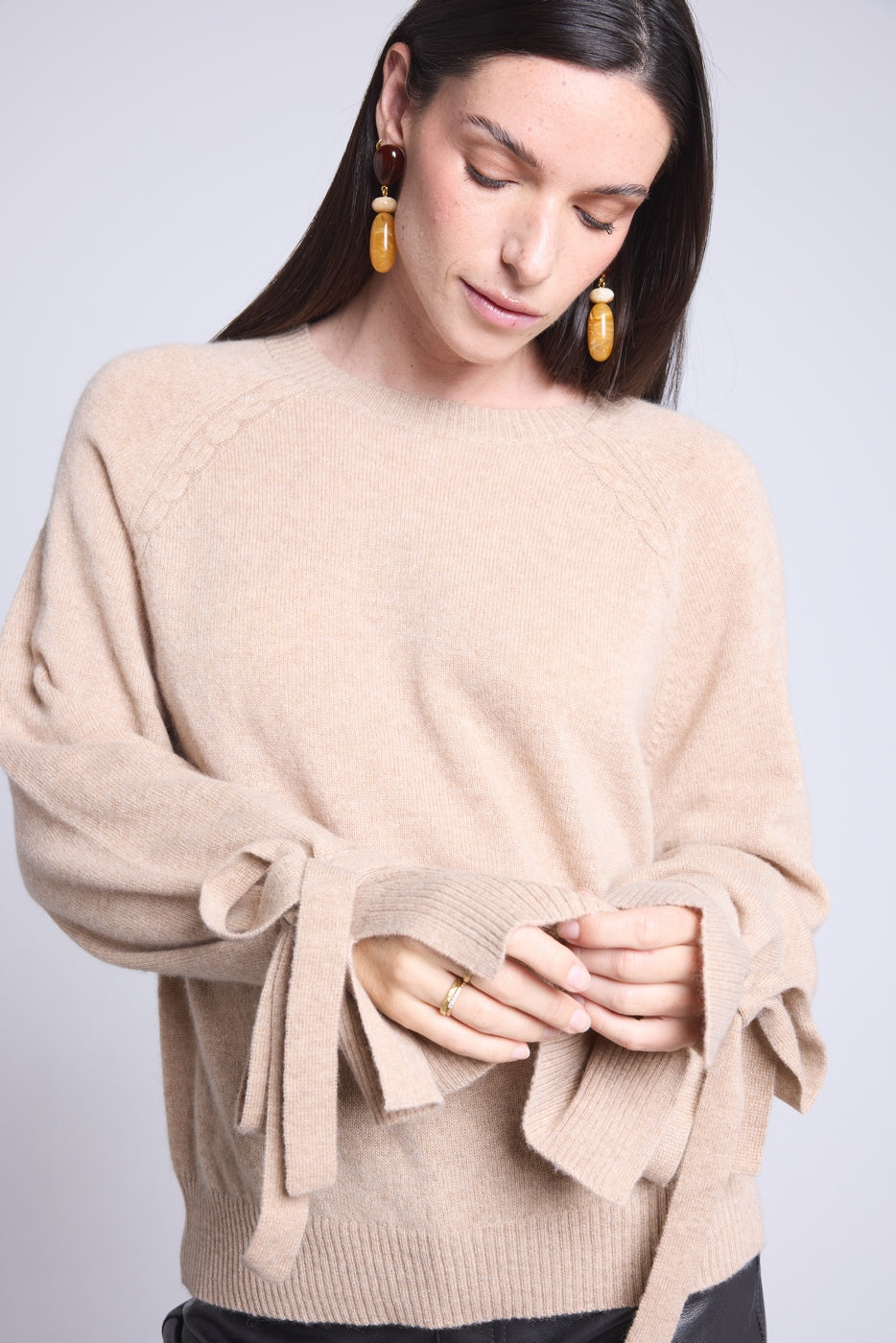 Pure - Round Neck Jumper Wrist Knot Kelly - Cream Beige - Women