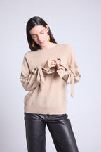 Pure - Round Neck Jumper Wrist Knot Kelly - Cream Beige - Women