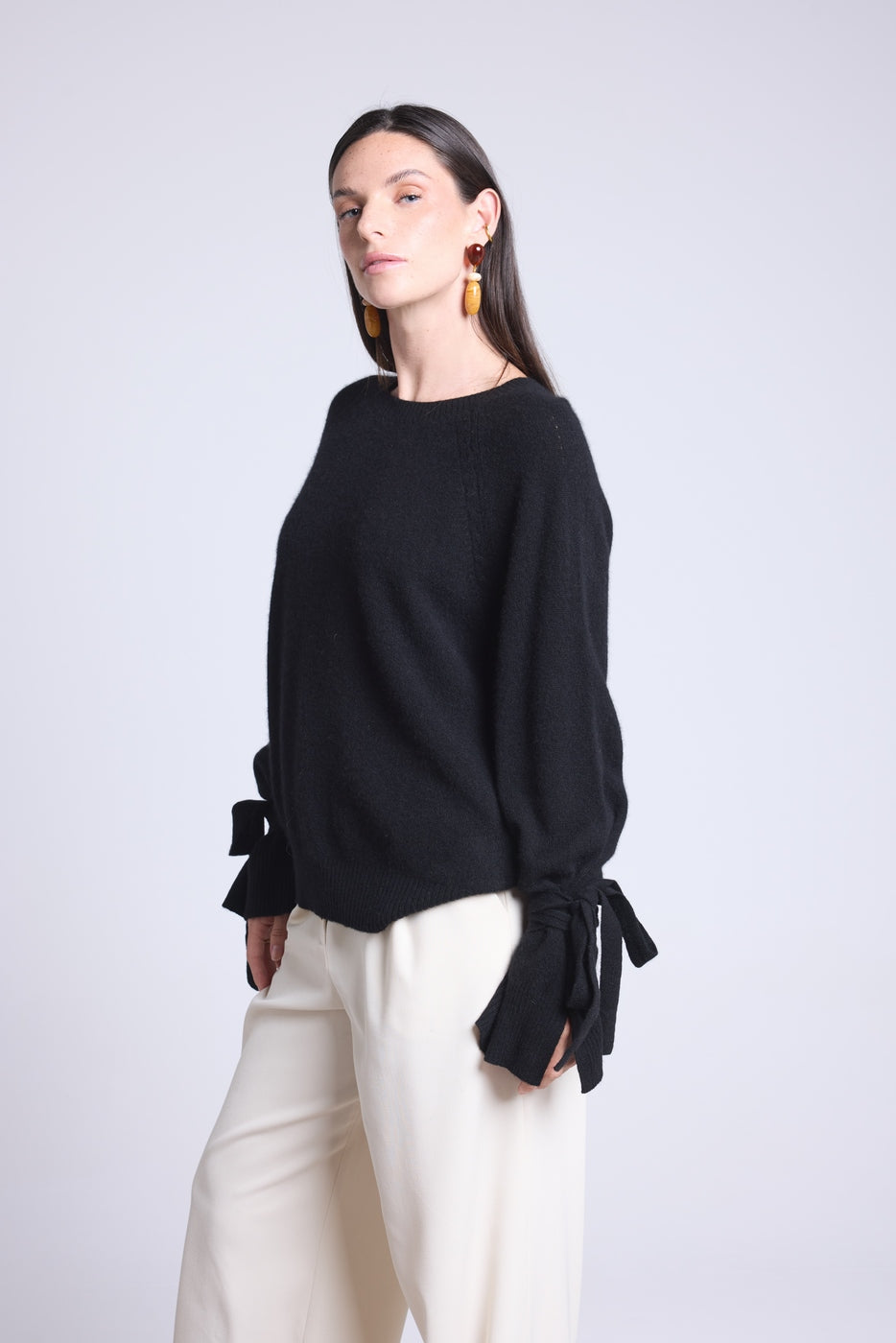 Jersey Kelly con cuello redondo y puños anudados - Negro - Mujer