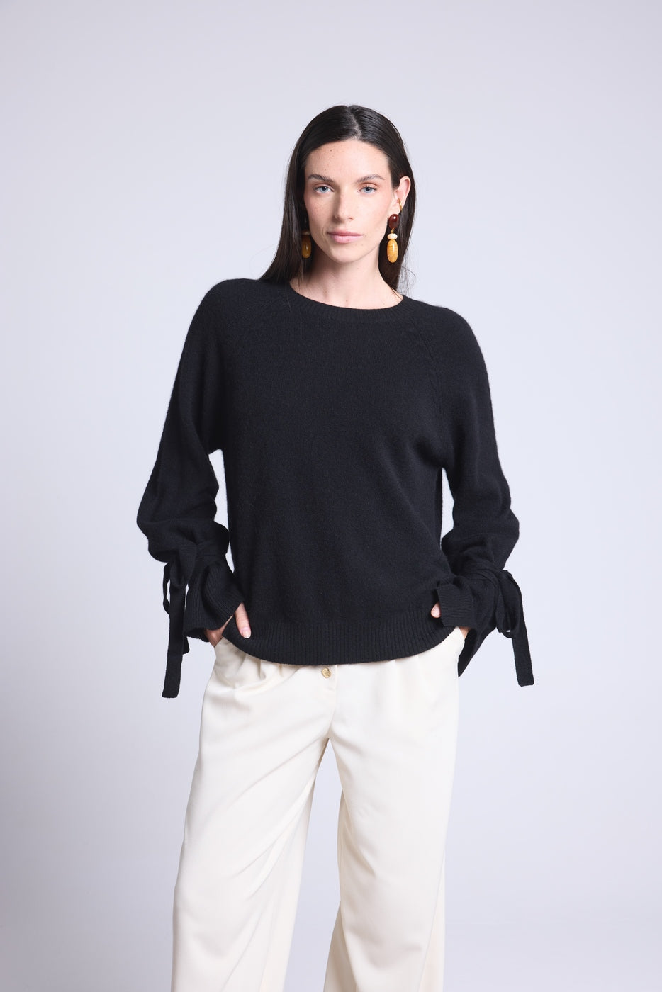 Jersey Kelly con cuello redondo y puños anudados - Negro - Mujer