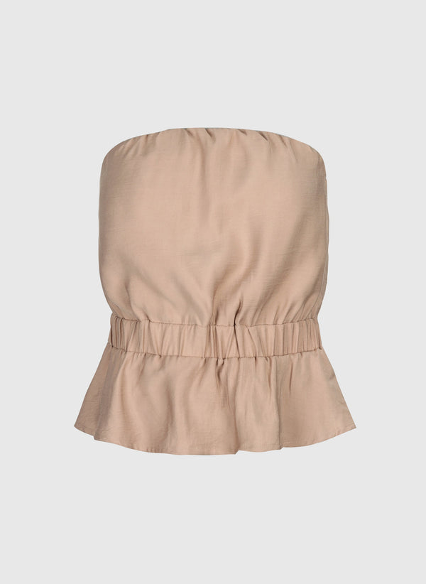 An'ge – Kitrina Hazelnut Top, light beige strapless top with elasticated waist and flared hem
