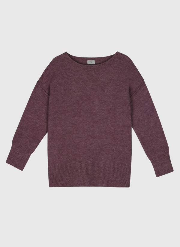 An'ge – Lafunky Figue Jumper, purple knitted jumper, loose fit, boat neck, front view