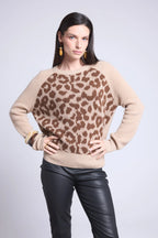 Jersey de cuello redondo de jacquard leopardo Lara - Beige - Mujer