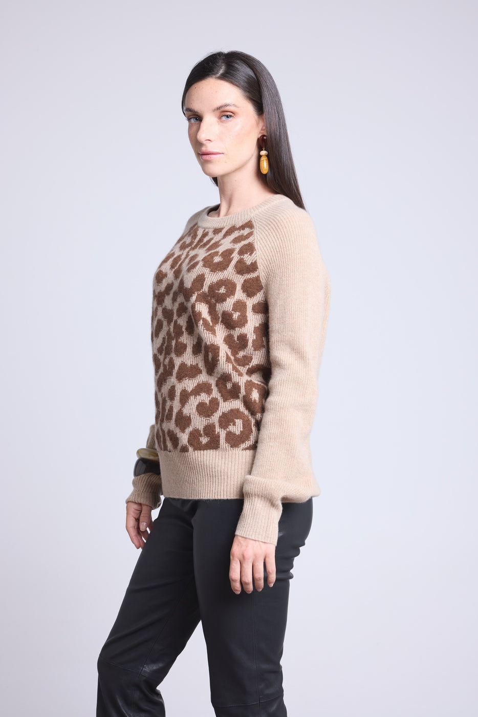 Jersey de cuello redondo de jacquard leopardo Lara - Beige - Mujer