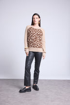 Jersey de cuello redondo de jacquard leopardo Lara - Beige - Mujer